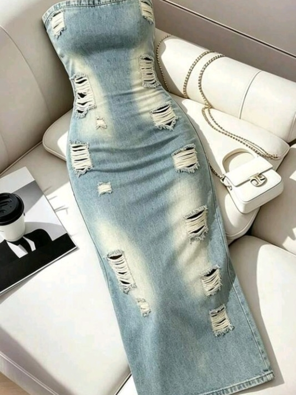 Strapless Distressed Light Blue Denim Midi Dress(This Dress Is Fabric Not Denim
